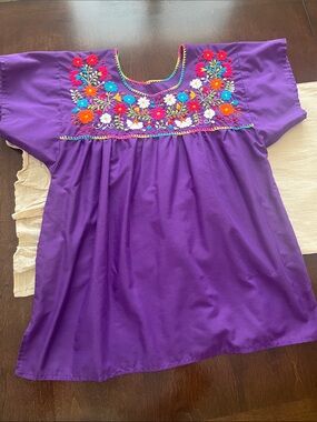 Purple Floral Embroidered Mexican Peasant Top